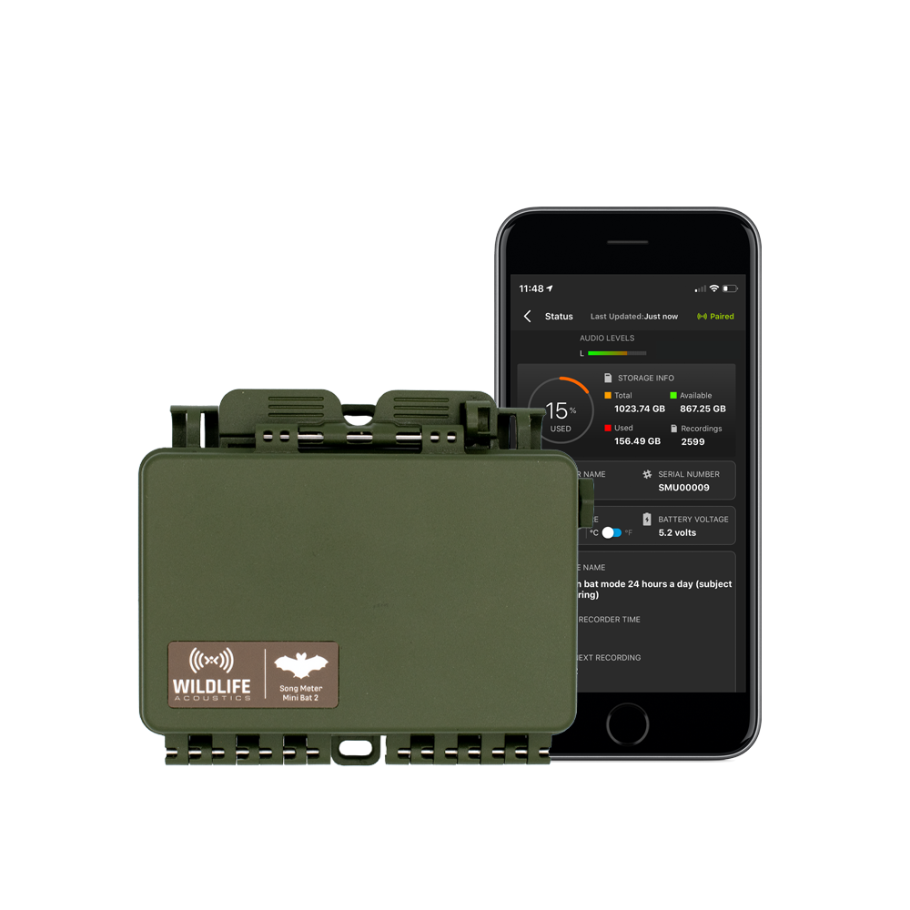 Pictured: Wildlife Acoustics Song Meter Mini Bat 2 Ultrasonic Recorder Shown with Free Configurator Companion App